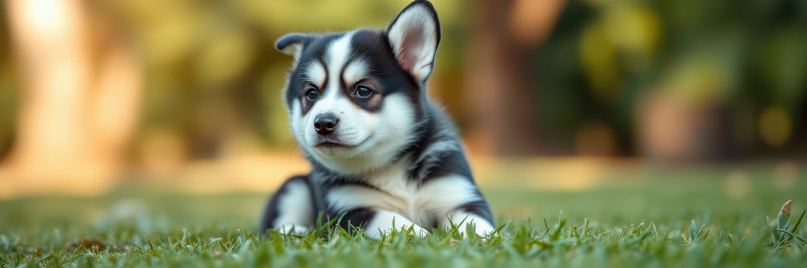 Cute puppy relaxing on green grass in the afternoon sun at a park